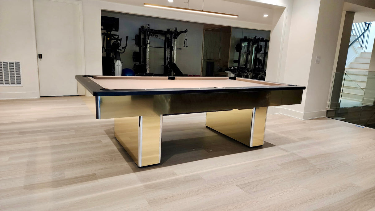 Olhausen monarch pool table polished brass with drawer side view