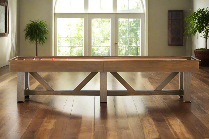 brunswick botanic shuffleboard table rustic dark brown room side view