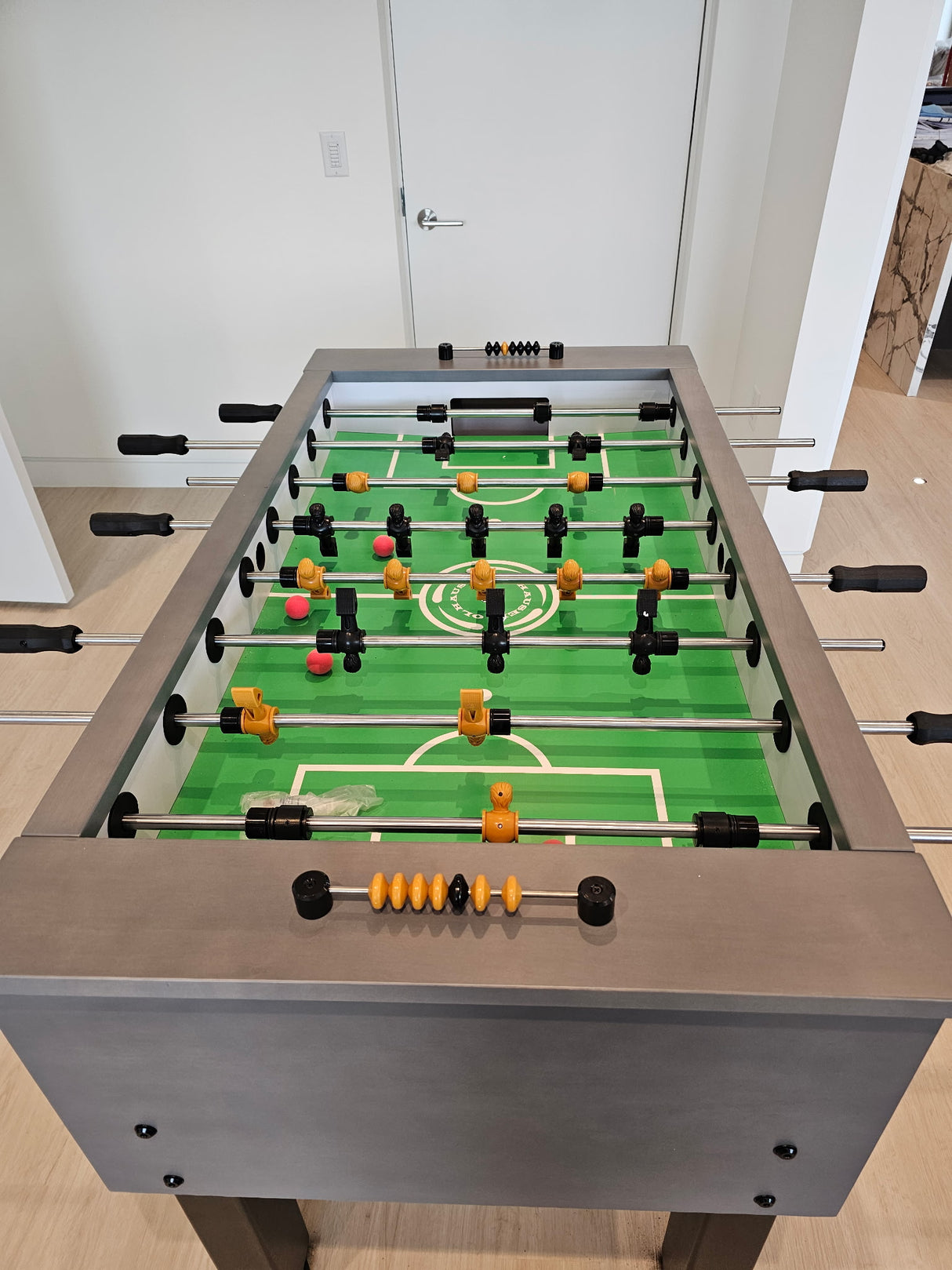 Olhausen manchester foosball fossil grey on maple end view