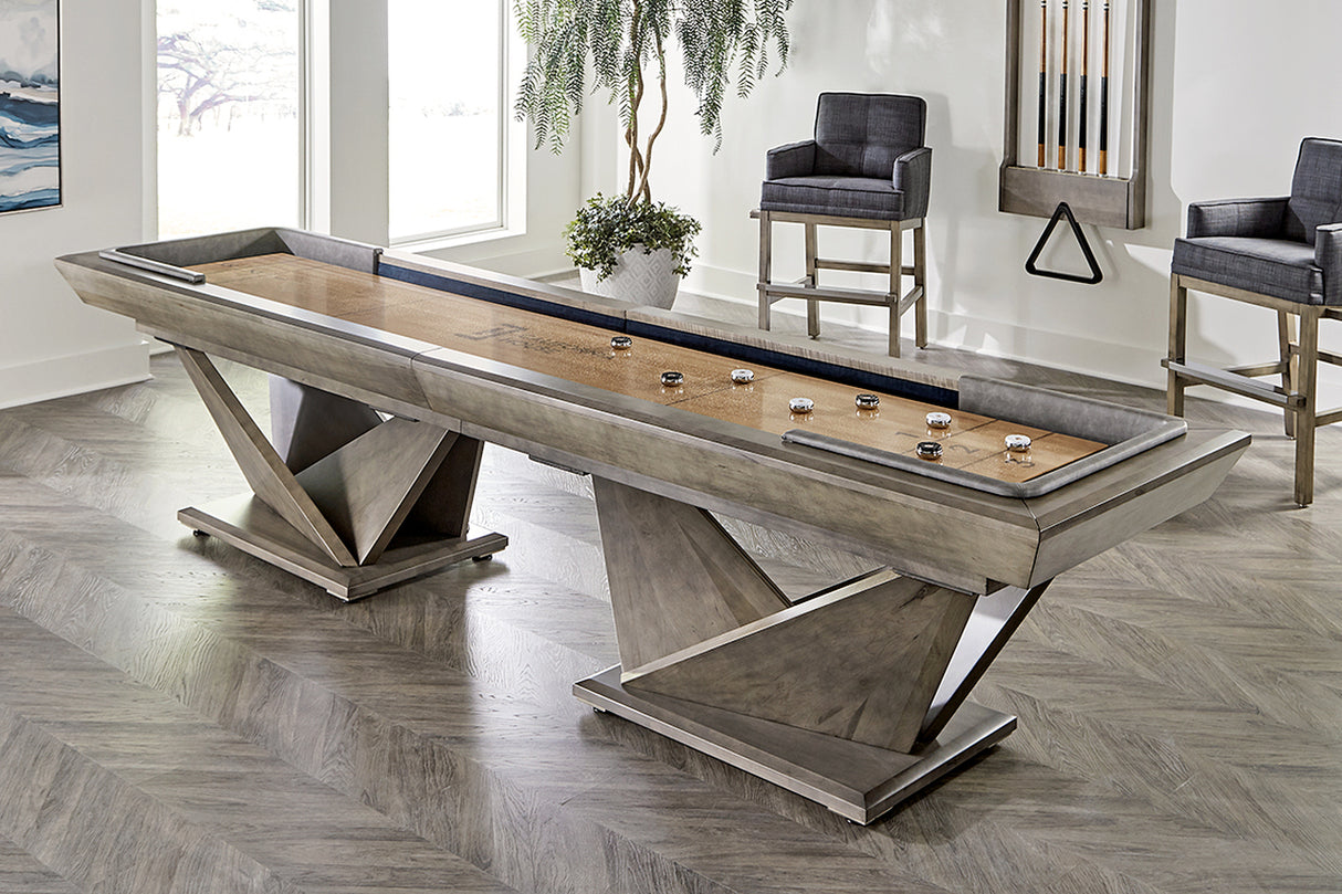 California house origami shuffleboard glazed smoke finish