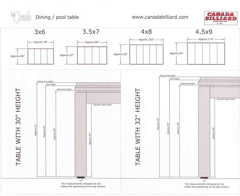 Canada Billard La Condo Dining Pool Table measurements