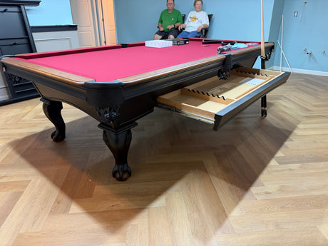 Olhausen black hawk pool table 9' with drawer open