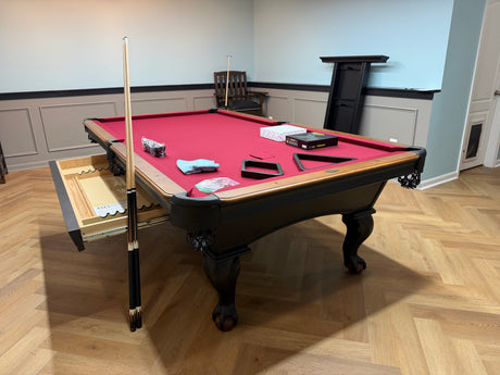Olhausen black hawk pool table 9' with drawer open 2