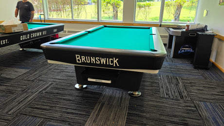 Brunswick Gold Crown VII Black finish pool table with brunswick green cloth end view