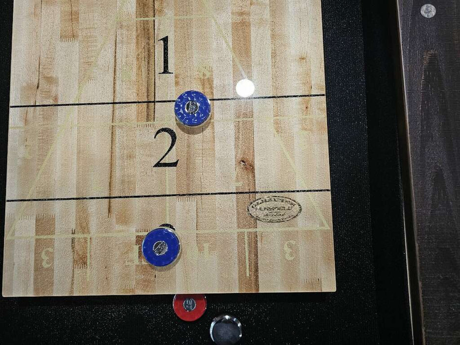 Olhausen shuffleboard table custom scoring lines and logo