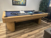 Olhausen Surfside pool table sweet honey finish marine blue cloth side view showroom