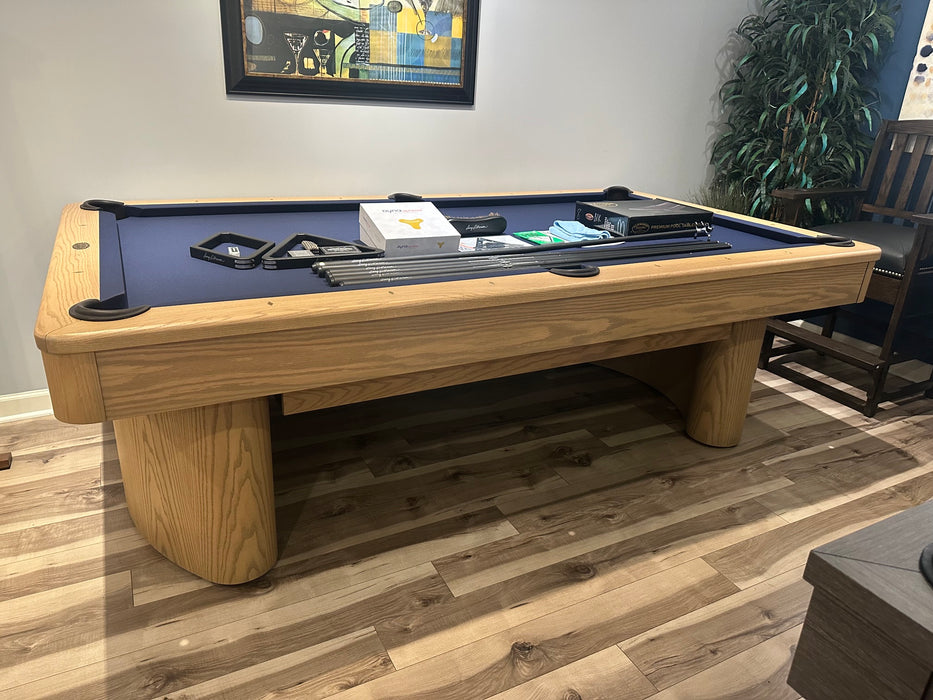 Olhausen Surfside pool table sweet honey finish marine blue cloth side view showroom