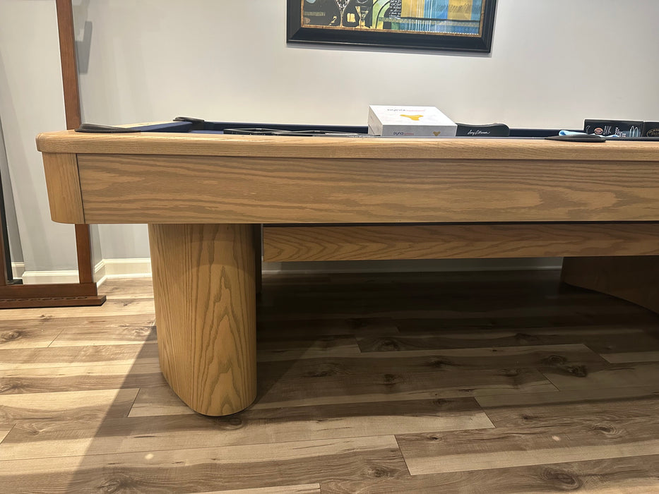 Olhausen Surfside pool table sweet honey finish marine blue cloth corner detail