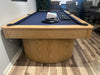 Olhausen Surfside pool table sweet honey finish marine blue cloth end view showroom