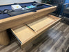 Olhausen Surfside pool table sweet honey finish marine blue cloth drawer open