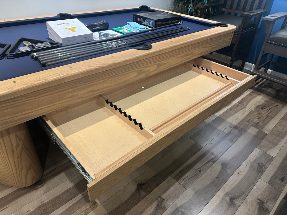 Olhausen Surfside pool table sweet honey finish marine blue cloth drawer open