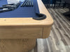 Olhausen Surfside pool table sweet honey finish marine blue cloth rail corner detail