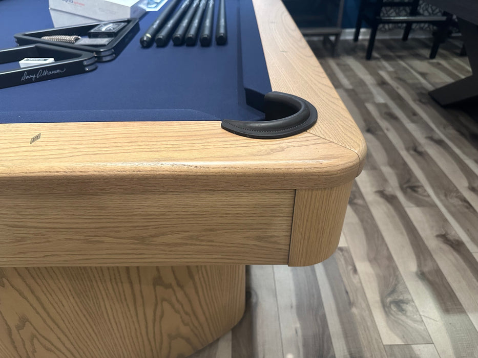 Olhausen Surfside pool table sweet honey finish marine blue cloth rail corner detail
