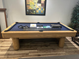 Olhausen Surfside pool table sweet honey finish marine blue cloth side view showroom