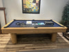 Olhausen Surfside pool table sweet honey finish marine blue cloth side view showroom