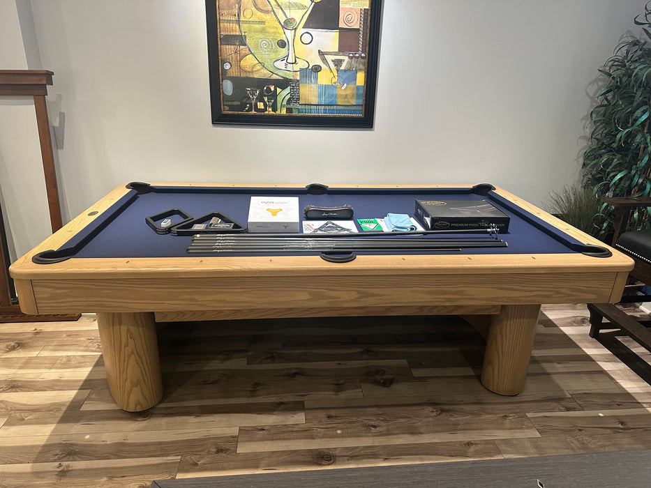 Olhausen Surfside pool table sweet honey finish marine blue cloth side view showroom