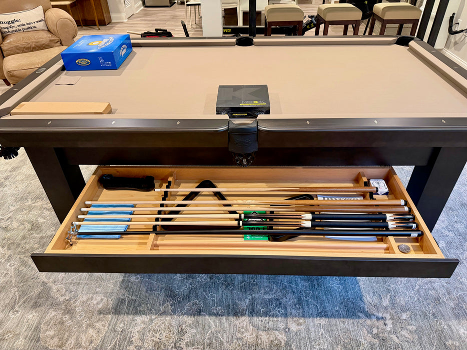 olhausen metro pool table 8' charcoal finish with drawer open detail