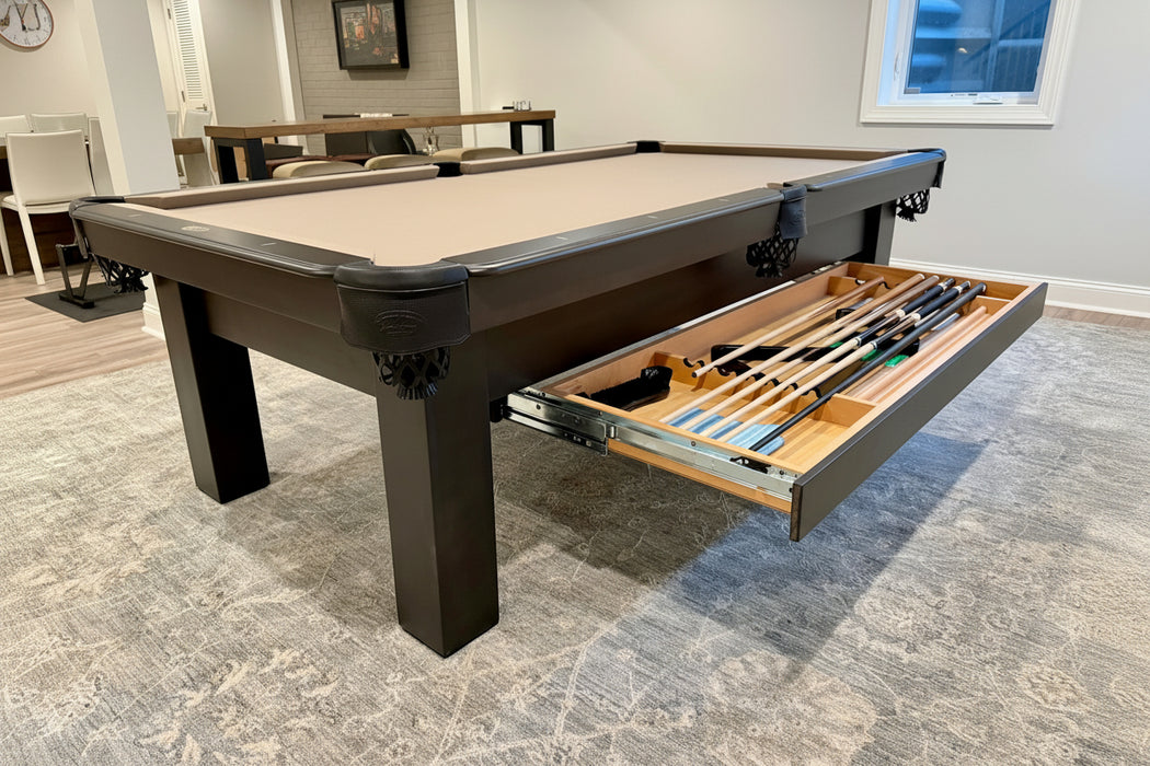 olhausen metro pool table 8' charcoal finish with drawer open