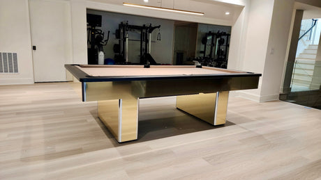 Olhausen monarch pool table polished brass with drawer side view
