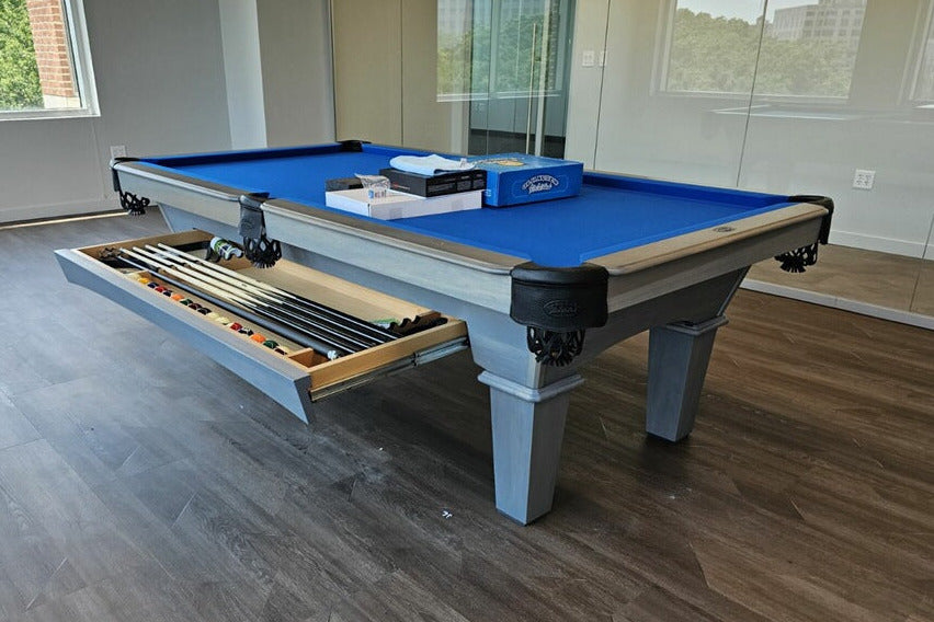 Olhausen reno pool table with drawer fossil grey finish