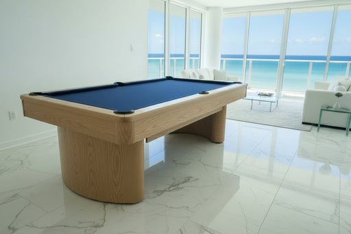 Olhausen surfside pool table sweet honey oak finish marine blue cloth room rendering