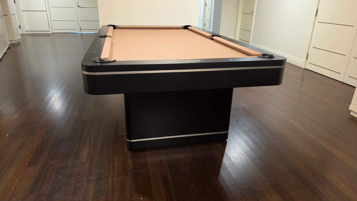 Plank and Hide Deco 8' Pool Table Black finish Camel Cloth end view