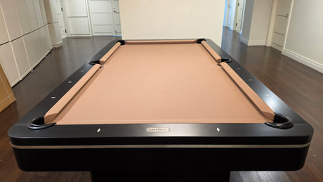Plank and Hide Deco 8' Pool Table Black finish Camel Cloth end view 2