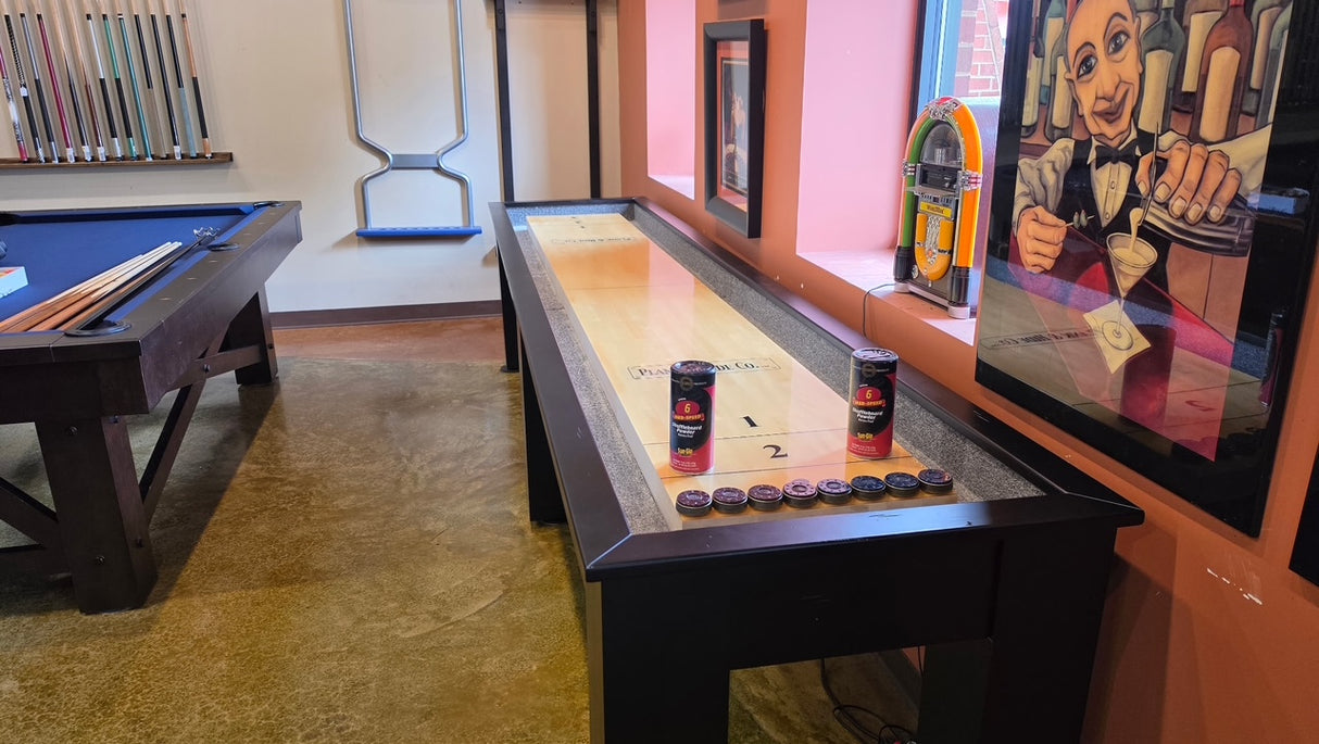Used Plank and Hide 12' Fulton Shuffleboard Table end view