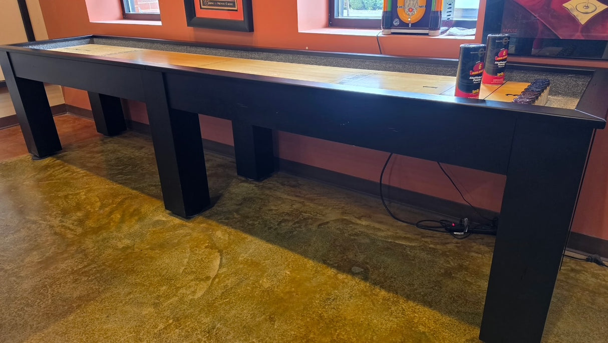 Used Plank and Hide 12' Fulton Shuffleboard Table side view