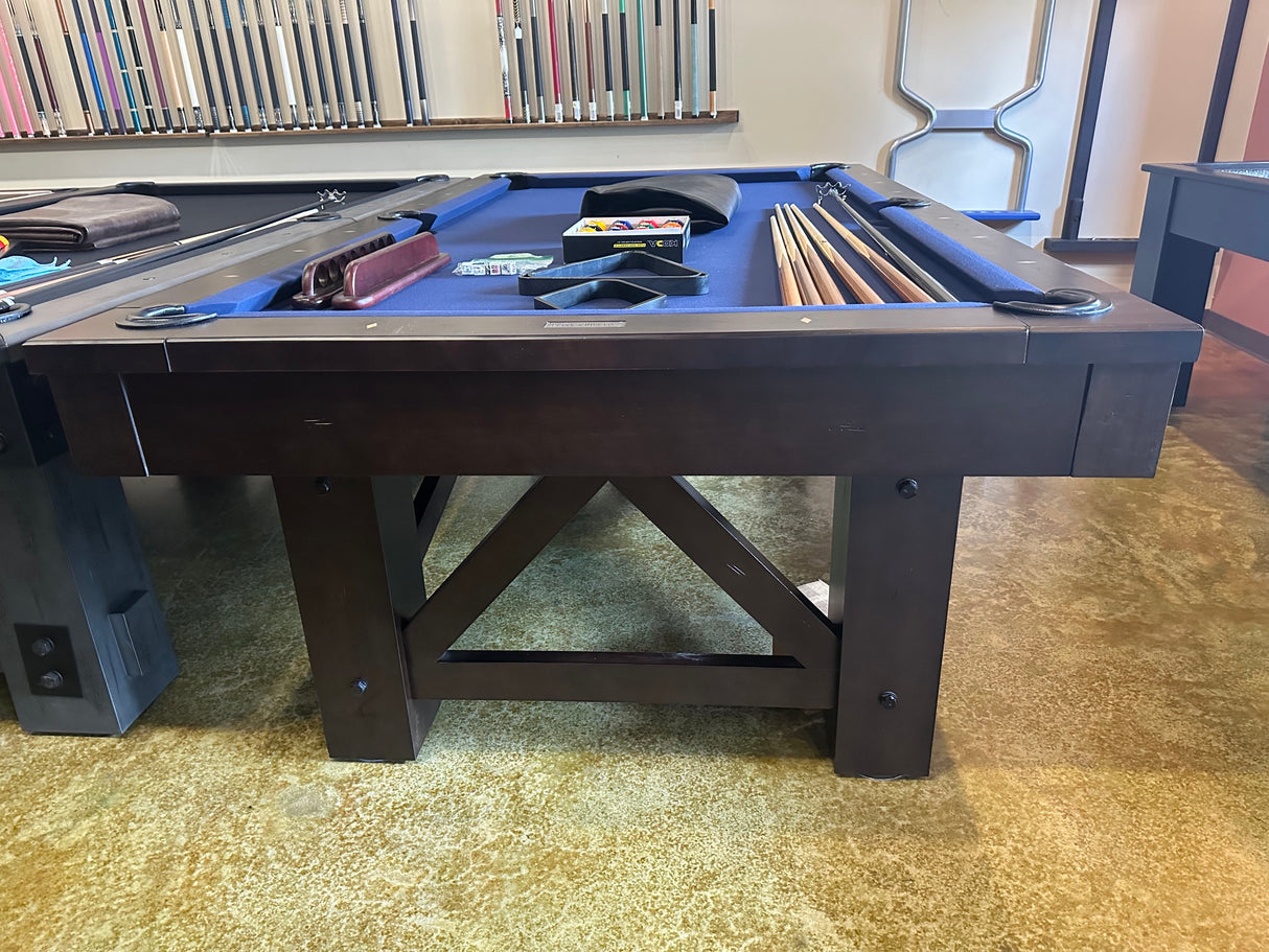 Used plank and hide 8' McCormick pool table smokehouse finish end view