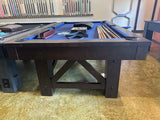 Used plank and hide 8' McCormick pool table smokehouse finish end view