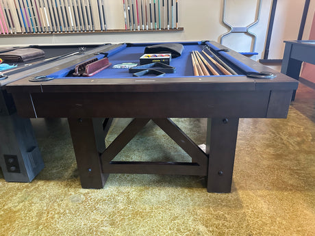 Used plank and hide 8' McCormick pool table smokehouse finish end view