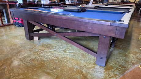 Used plank and hide 8' McCormick pool table smokehouse finish side view