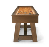 brunswick botanic shuffleboard table rustic dark brown end view stock
