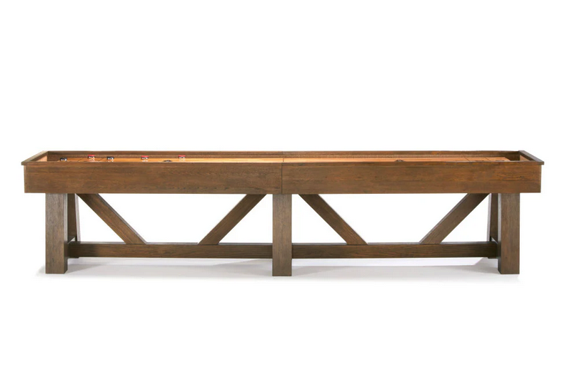 brunswick botanic shuffleboard table rustic dark brown side view stock