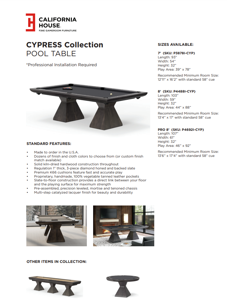 california house cyprus pool table cut sheet