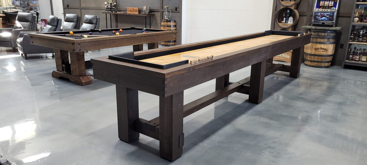 Olhausen shuffleboard table room with railyard pool table