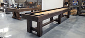 Olhausen shuffleboard table room with railyard pool table