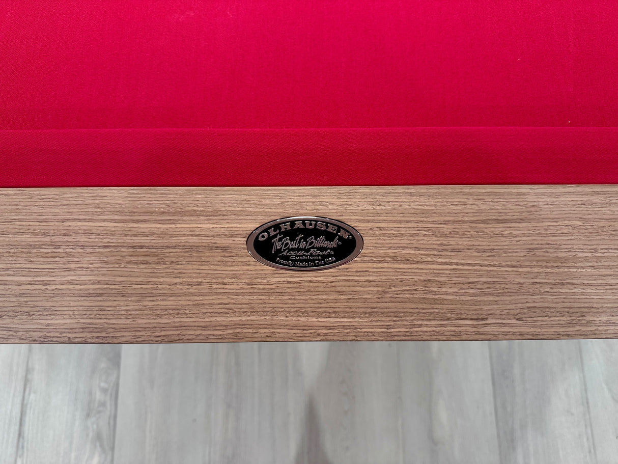 olhausen encore pool table walnut wood red cloth detail
