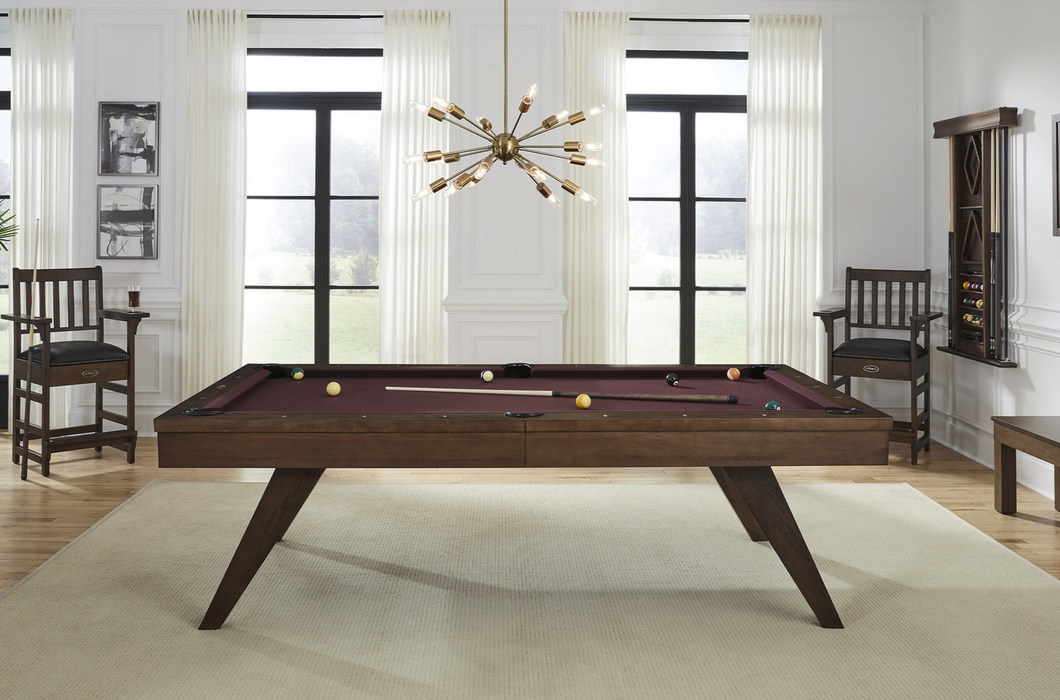 oslo pool table whiskey finish side view burgundy cloth