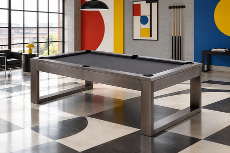 A modern rectangular pool table with a dark gray wood-look frame and a black felt playing surface, shown on a plain white background.