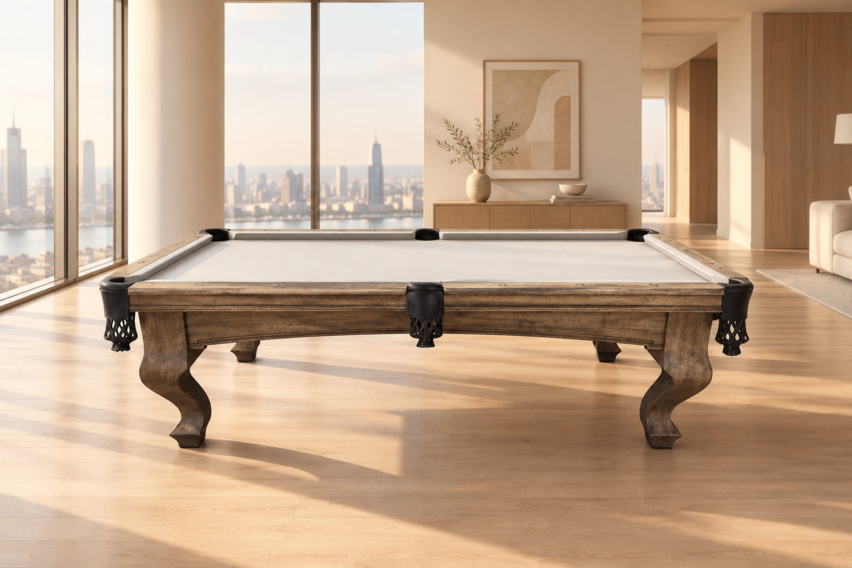 Wooden pool table with a white felt surface on a white background