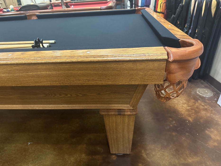used olhausen sheraton oak 8' pool table corner detail