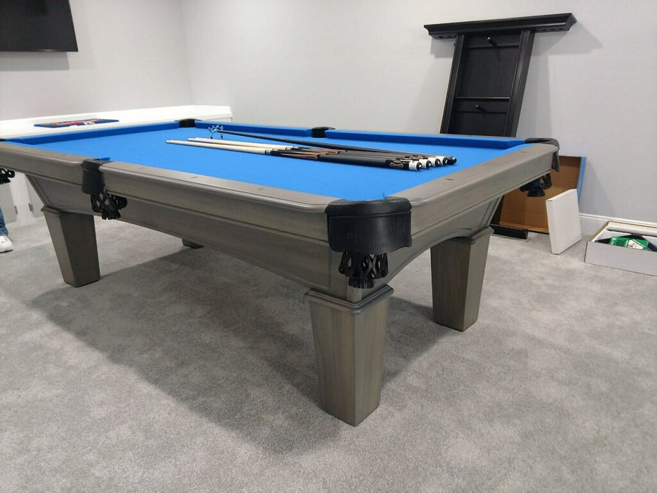 olhausen grace pool table matte fossil grey euro blue cloth side