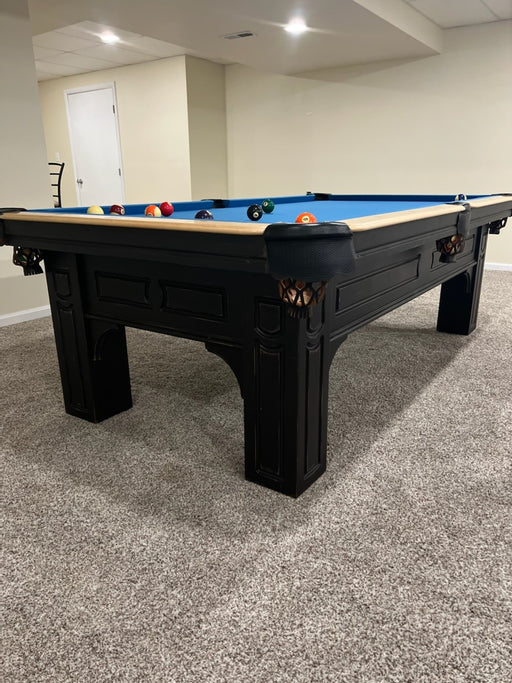Olhausen remington pool table black lacquer with birds eye maple rails base