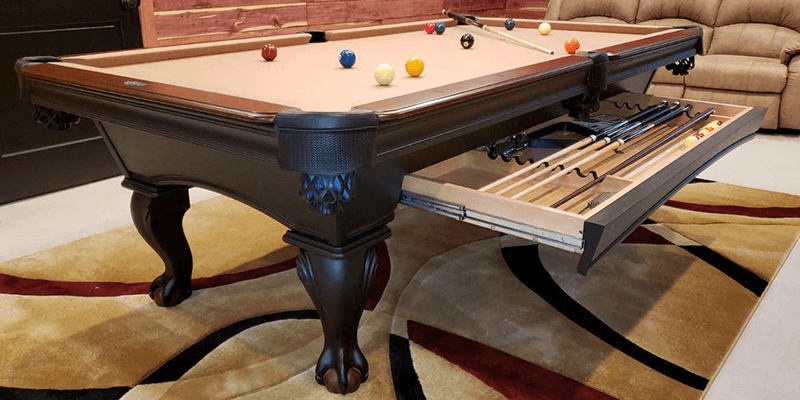 olhausen black hawk pool table two tone with drawer open